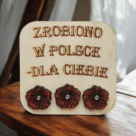 KOLCZYKI kwiaty drewniane – mahoń z cyrkonią, lekkie sztyfty