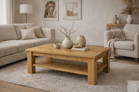 STOLIK kawowy dębowy z półką – masywna ława do salonu z litego dębu 90×50 cm