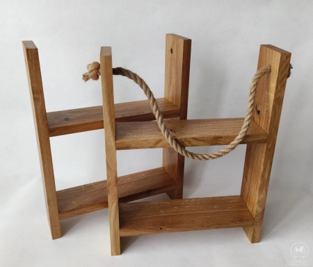 Półka dębowa na linie jutowej – dwupoziomowa, lity dąb, styl boho